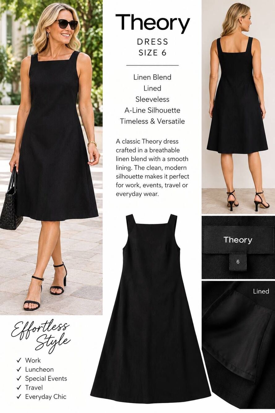 Theory Black Linen Blend Sleeveless Square Neck Lined Dress Size 6